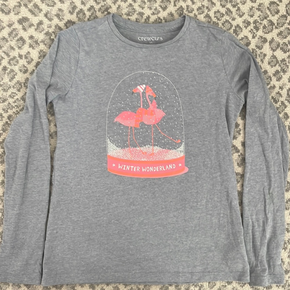 Crewcuts long sleeve gray flamingo winter tee shirt size 10-11